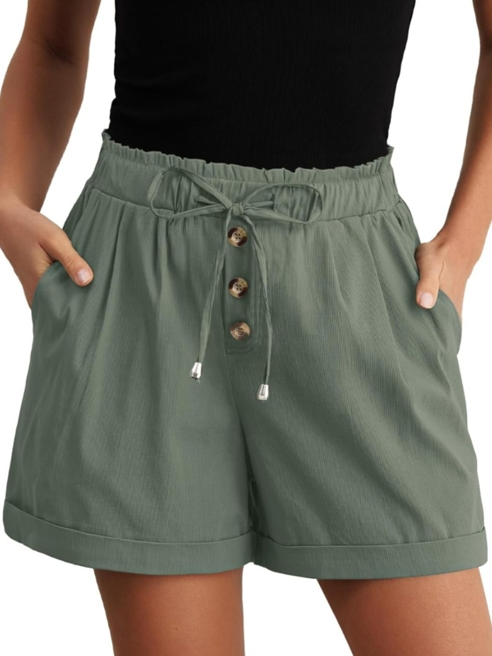 Feiersi Dark Army Green Summer Wide Leg Beach Shorts w/ Buttons - Size XL (EUC)